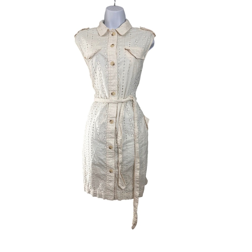 Banana‎ Republic Cream Eyelet Safari Mini Shirt Dress Sleeveless Belted Size S